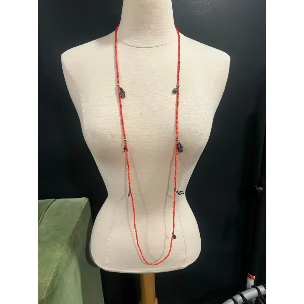 Long Red Seed Bead Hamsa Evil Eye Charm Necklace Boho Y2K